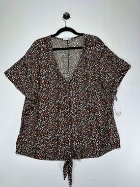 Dex Floral Tie Front Blouse 2X V Neck Short Sleeve Top NWT